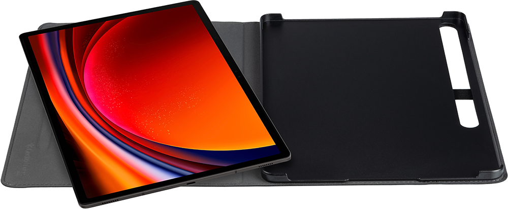 A tablet in a black case, with a vibrant abstract image on the screen.
