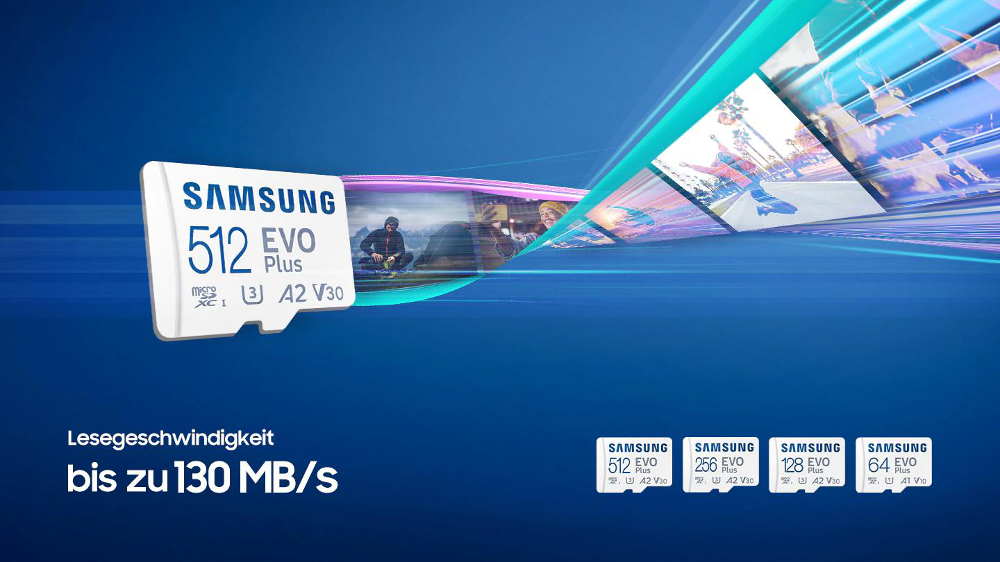 Samsung 512 EVO Plus Micro-SD-Karte mit bis zu 130 MB/s. Bilder von Menschen im Hintergrund, auf blauem Farbverlauf.