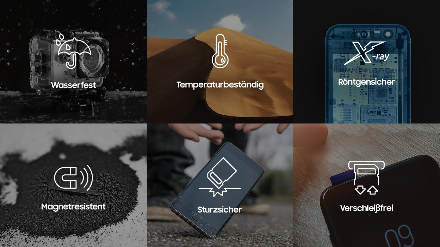 Das Bild zeigt Produkteigenschaften: wasserdicht, temperaturbeständig, röntgensicher, magnetresistent, sturzsicher und verschleißfrei.