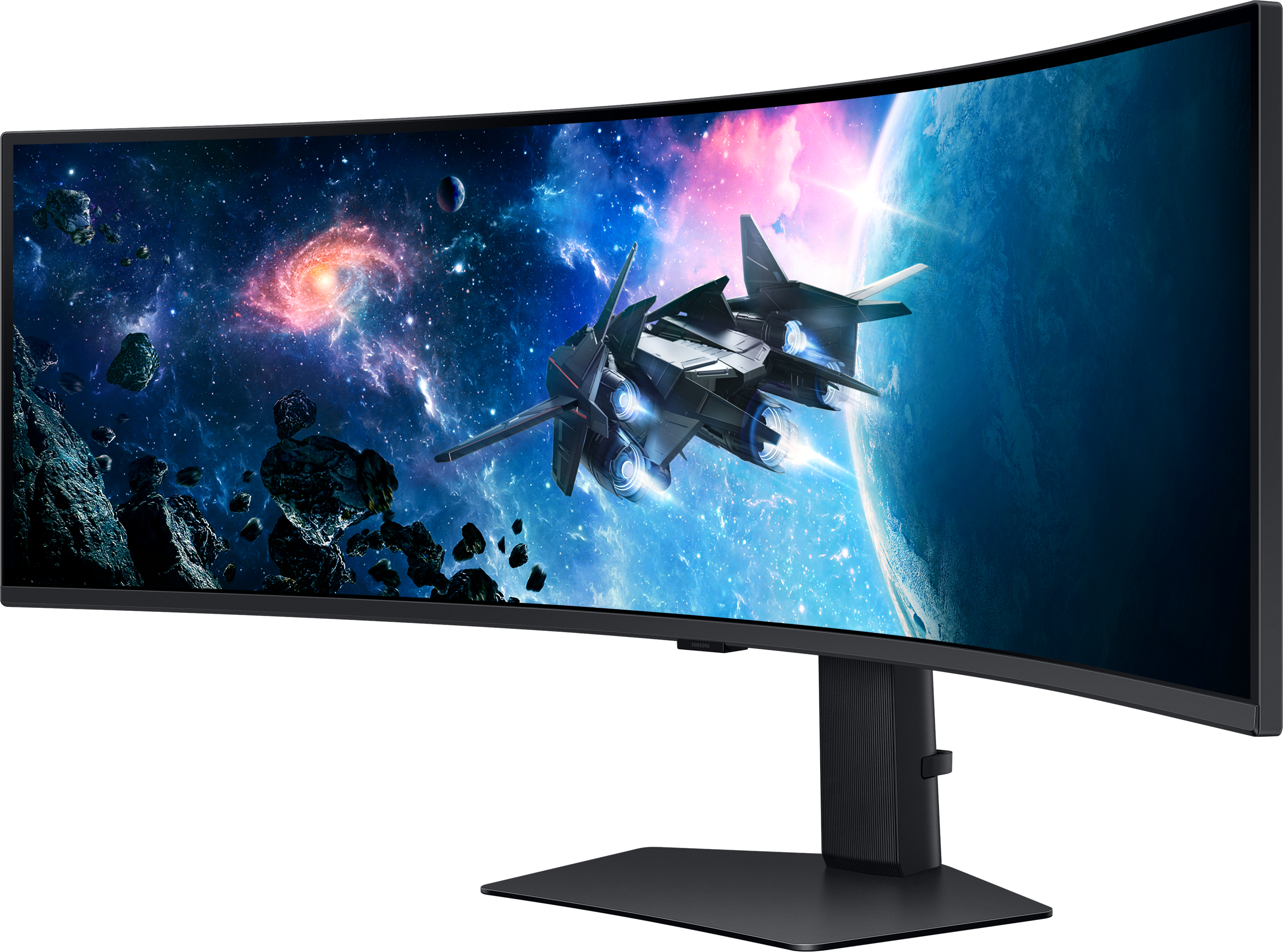 Gebogener Gaming-Monitor mit einer Weltraumszene mit Raumschiff, Planeten und Galaxie.