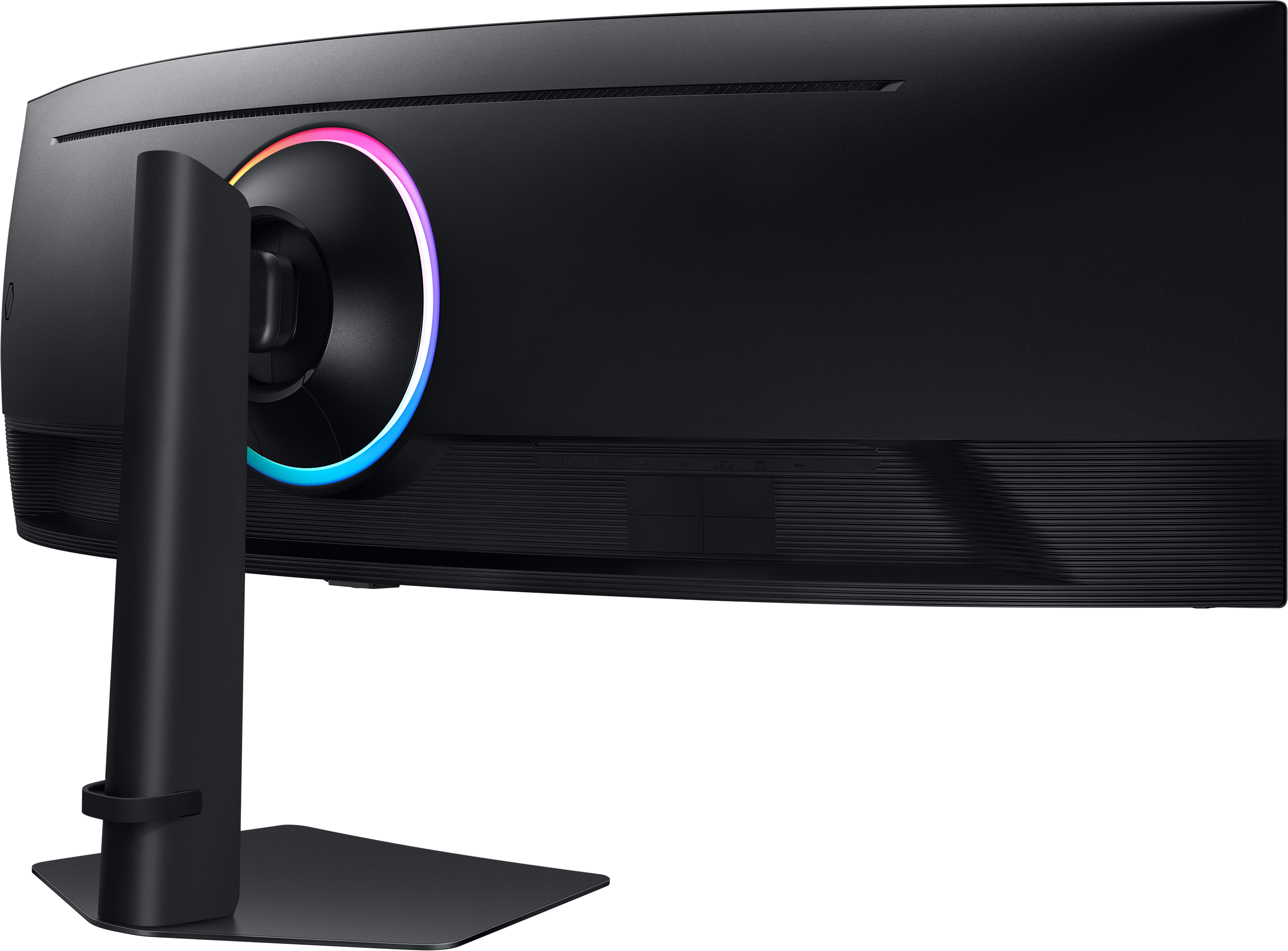 Schwarzer, gebogener Monitor-Rückseite mit RGB-Beleuchtungsring.