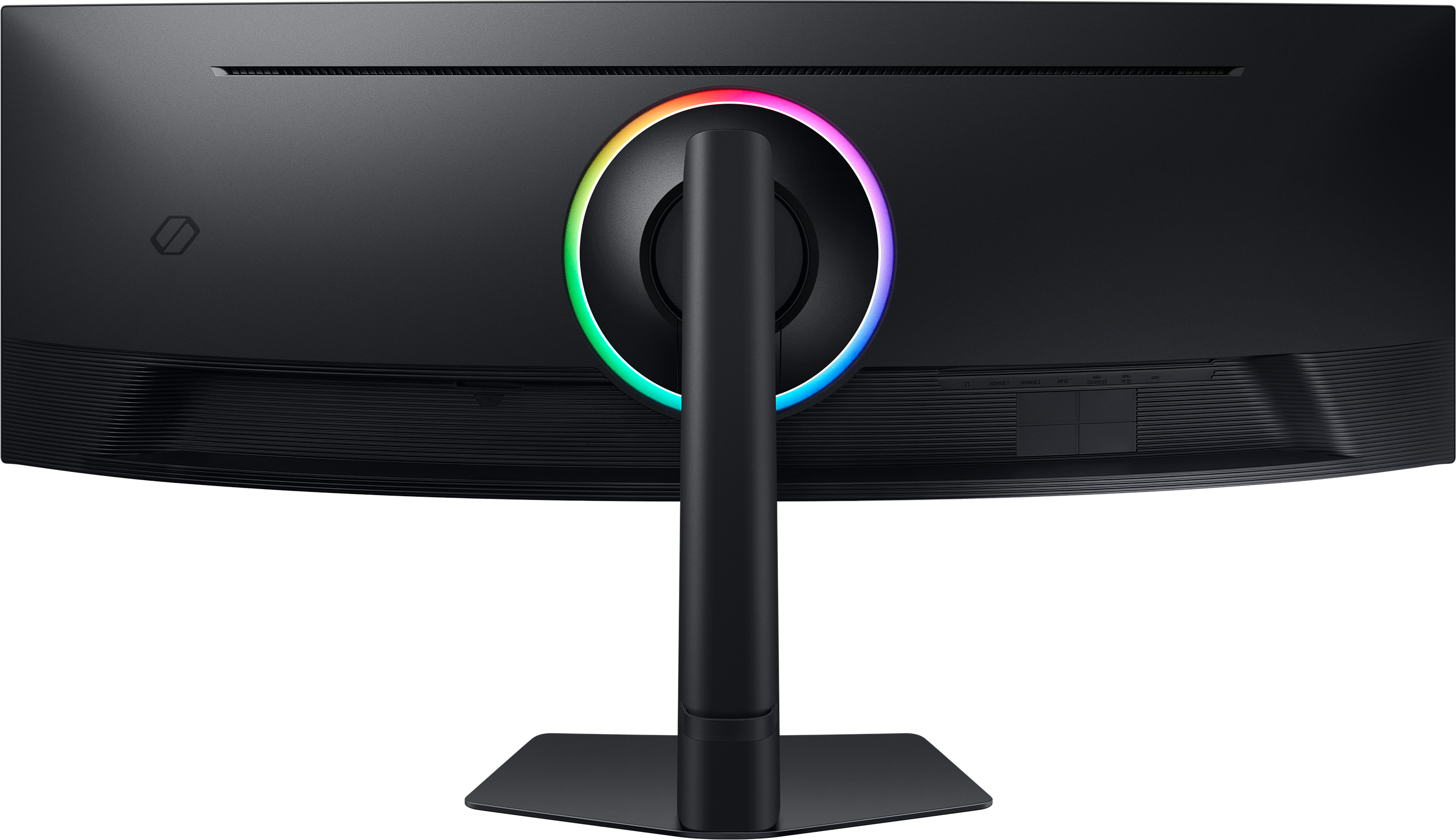 Rückansicht eines schwarzen Monitors mit farbenfrohem Ringlicht um die Stütze.