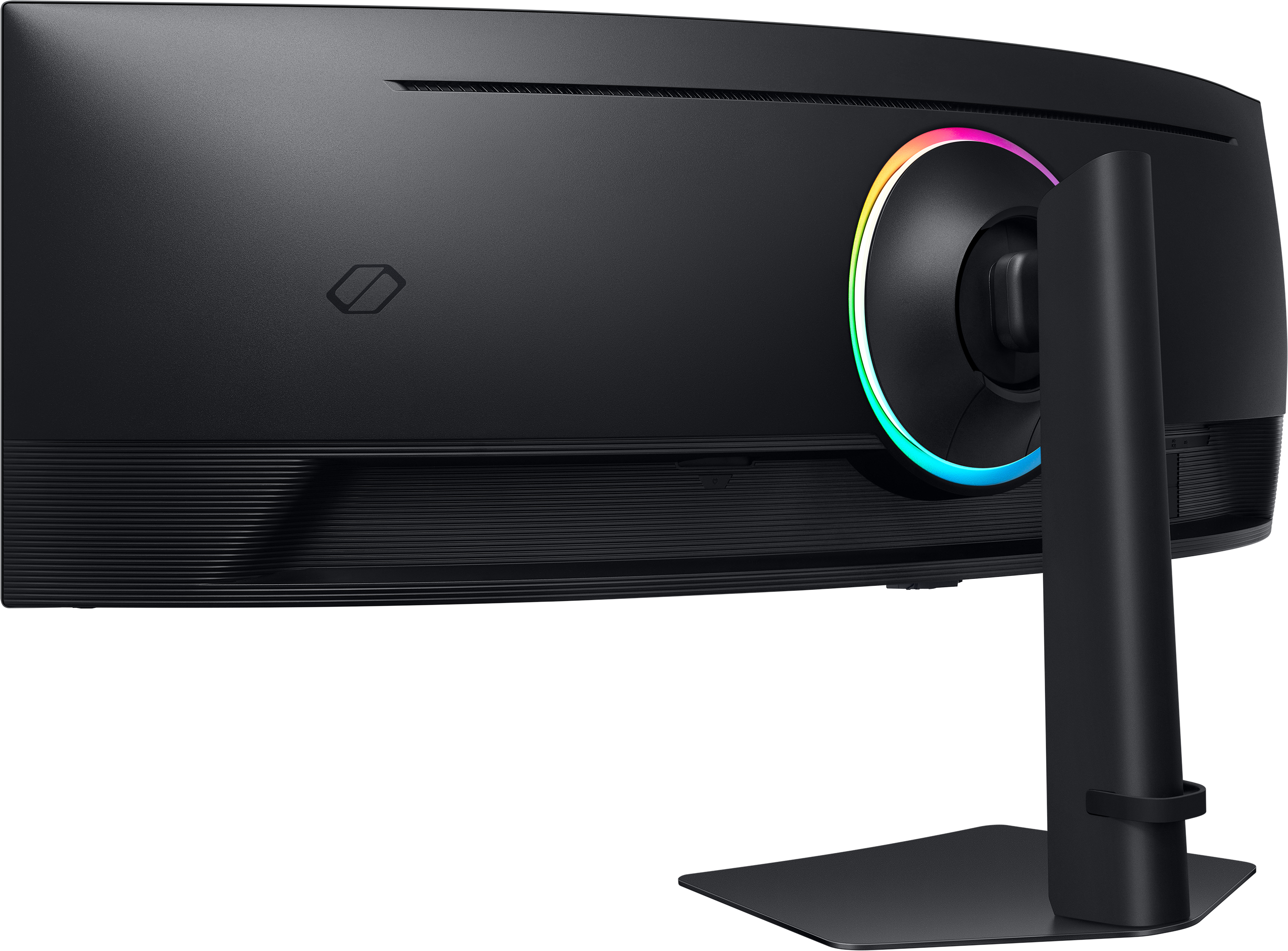 Die Rückseite eines schwarzen, gebogenen Monitors mit farbigem Lichtring und Ständer. Der Monitor ist auf schwarzem Grund.