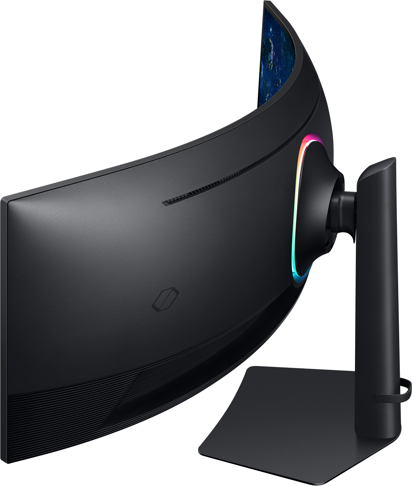 Ein gebogener, schwarzer Computermonitor mit einem mehrfarbigen Lichtring auf der Rückseite, isoliert auf Schwarz.