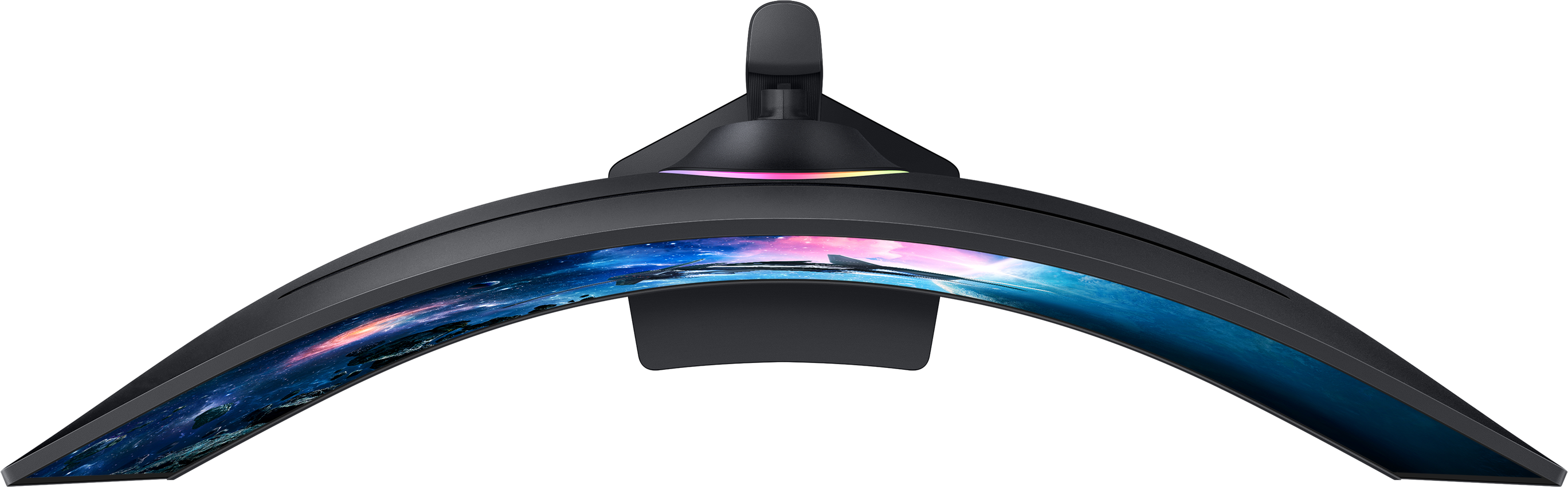 Ein gebogener Monitor mit sternförmigem Hintergrund. Der Monitor ist schwarz und gebogen.