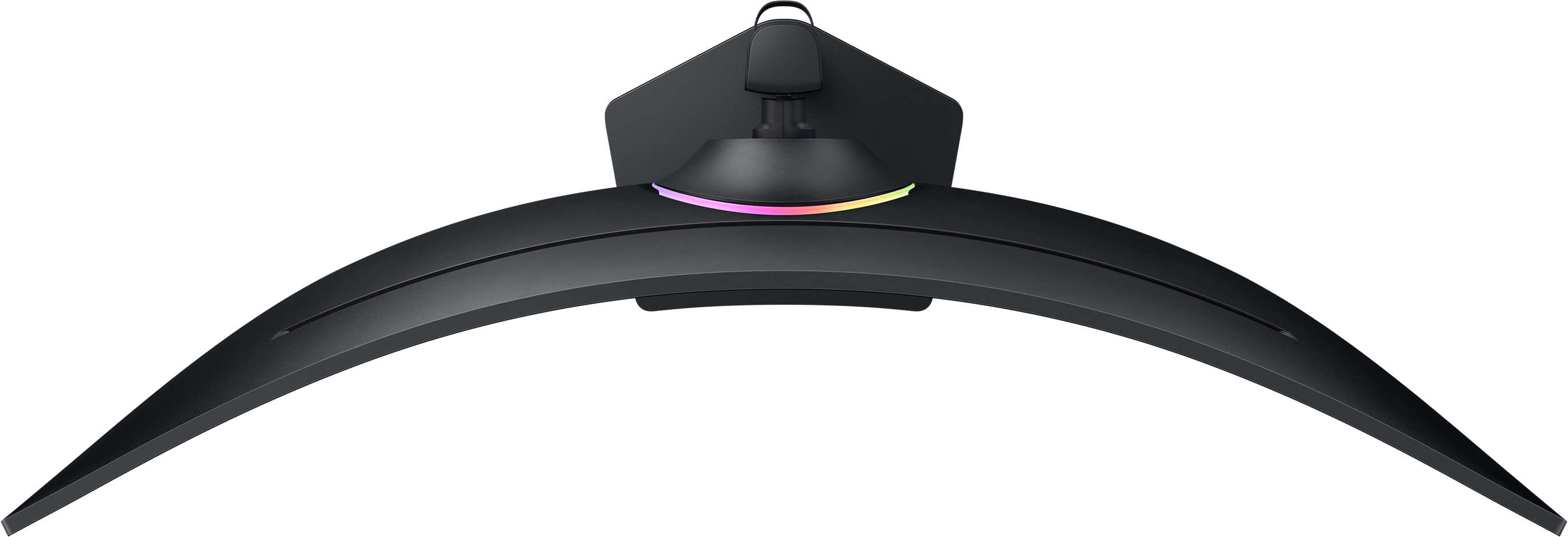 Rückseite des gekrümmten Monitors, schwarz, mit oberer Halterung und Regenbogenfarbenem Licht.