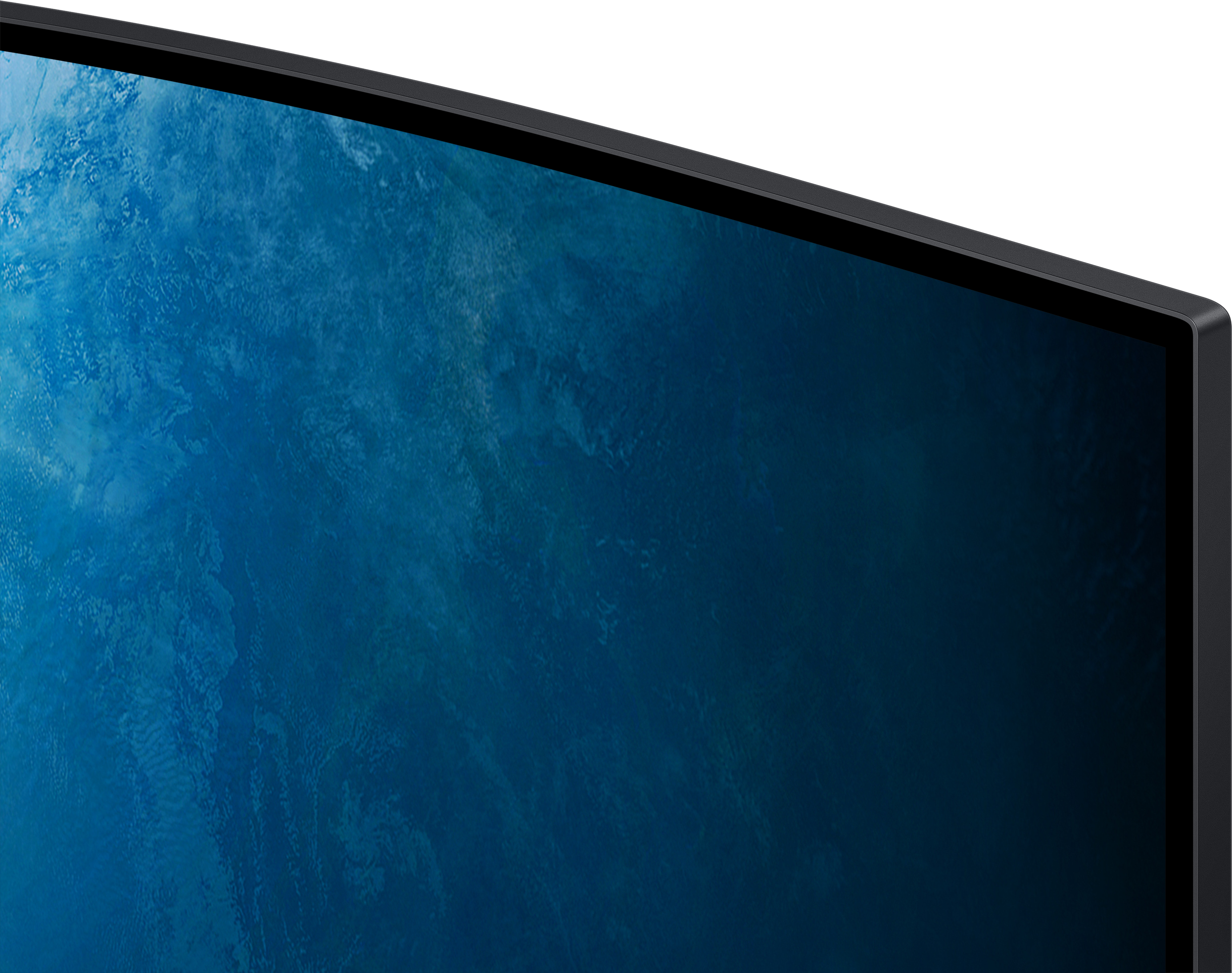 Nahaufnahme eines gebogenen, schwarz gerahmten Bildschirms mit blau-grünem Hintergrund.