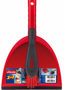 Czerwona szufelka ze szczotką, z logo Viledy i szczegółami produktu.