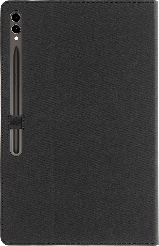 Black tablet with stylus pen attached, on a dark surface.