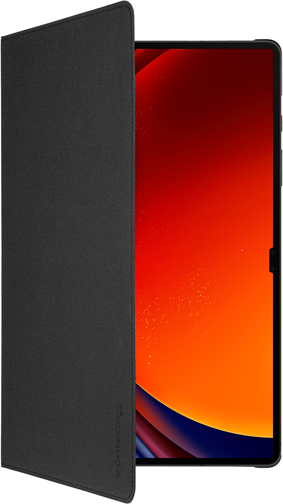 Black tablet with a black cover, opened to reveal a red and orange screen, against a white background.
