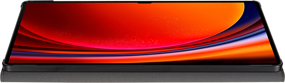 Tablet on a black case with a colorful display.