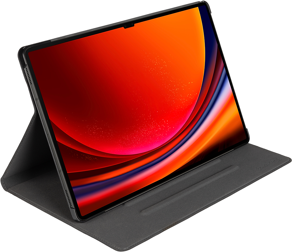 Tablet with a black frame in a black case, showing a colorful image. The tablet is open.