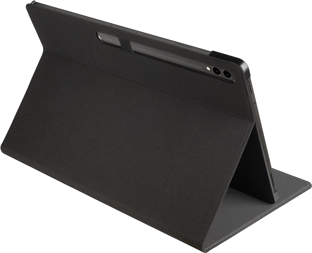 Black tablet in a case, angled. The tablet is on a stand. The case is black and has a pen slot.