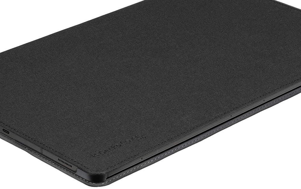 A dark gray tablet cover, closed, with the Gecko Cover logo on the bottom.
