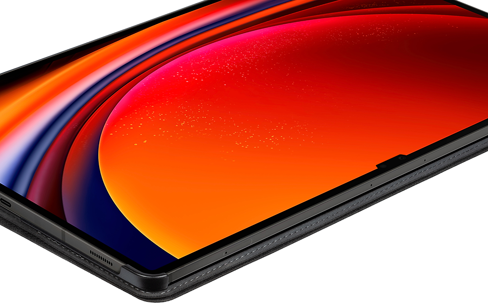 Tablet screen with vibrant red and orange abstract image.