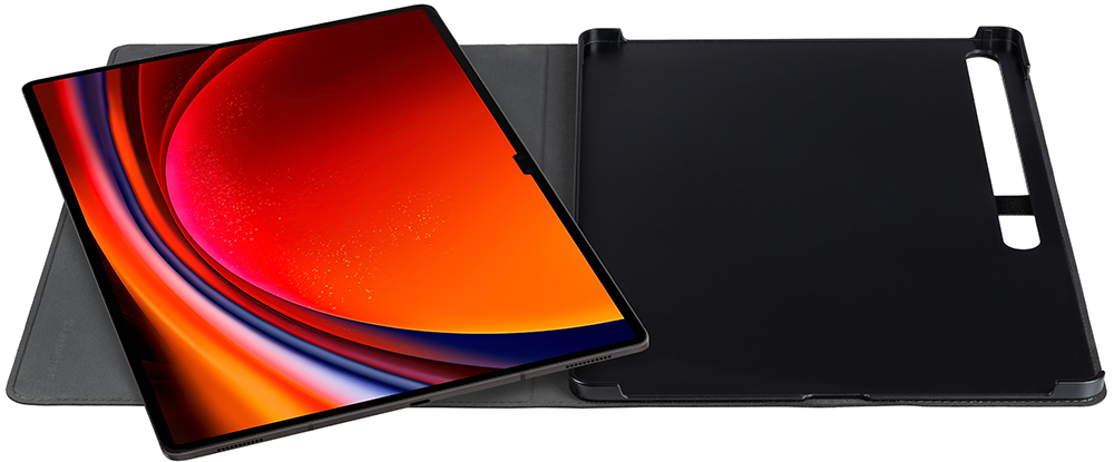 A tablet with a red and orange display in a case.