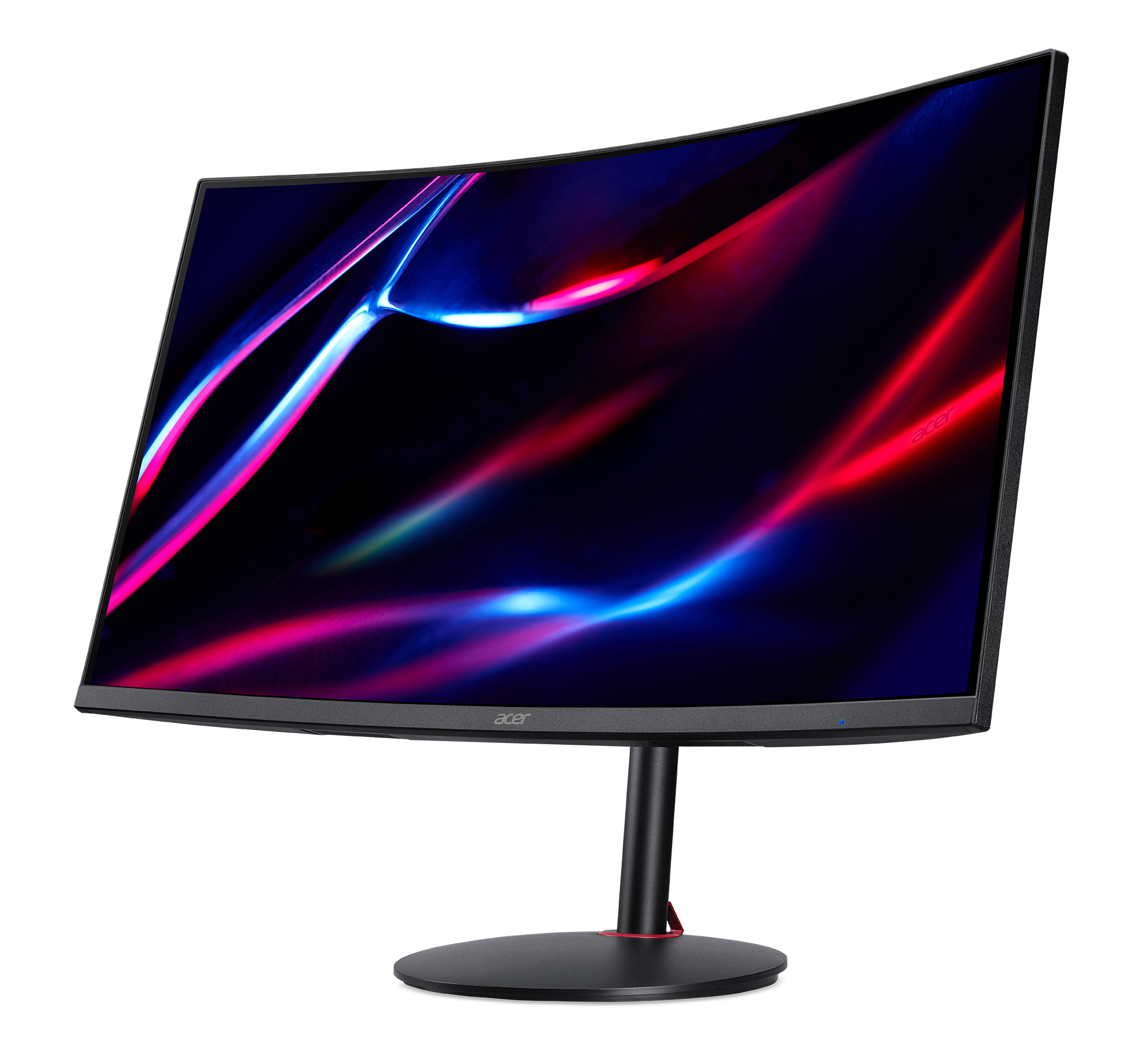 Monitor curvo con soporte negro. Pantalla muestra diseño abstracto colorido.