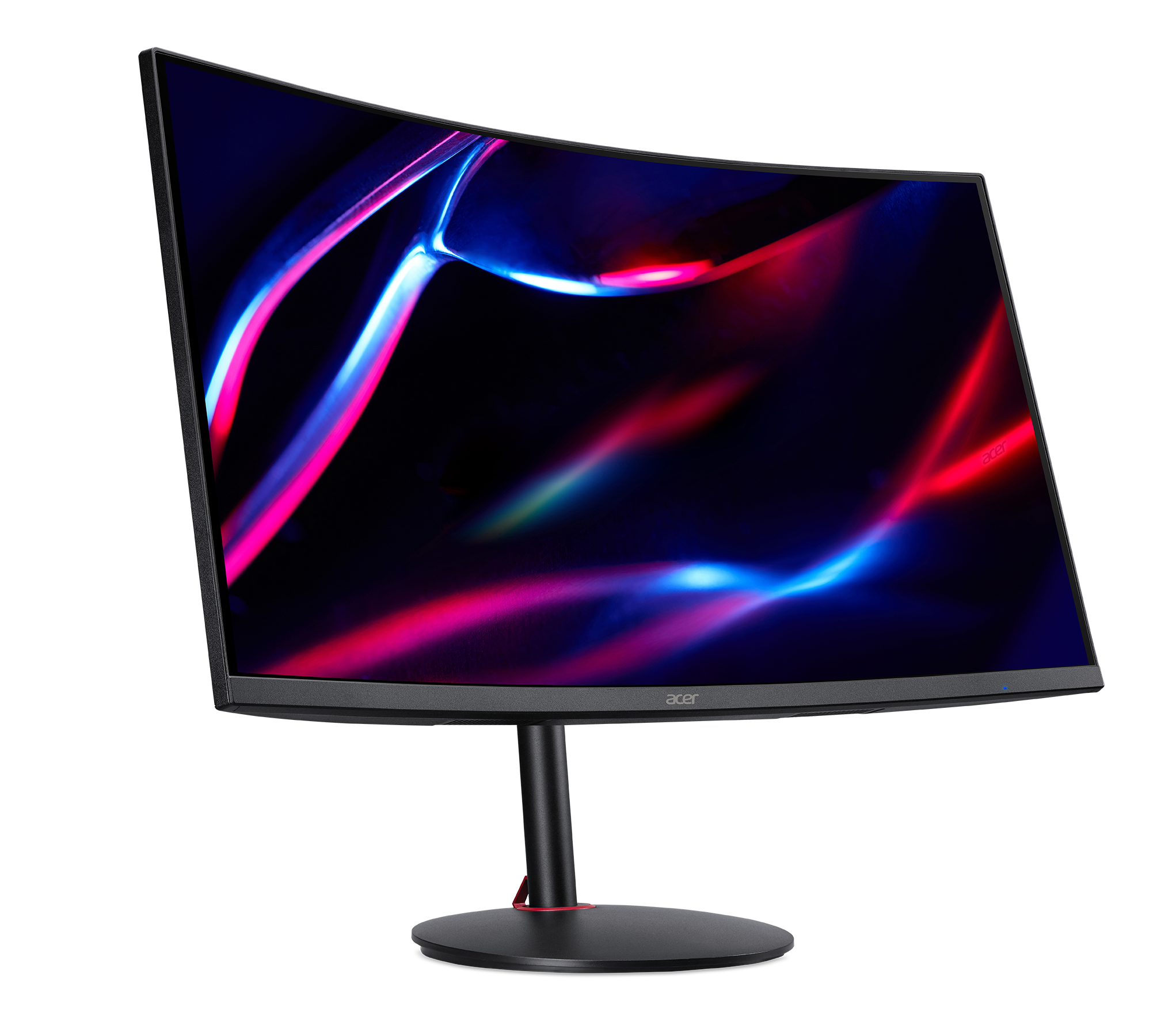 Un monitor curvo para juegos con un bisel negro, mostrando un patrón abstracto colorido sobre un fondo negro.