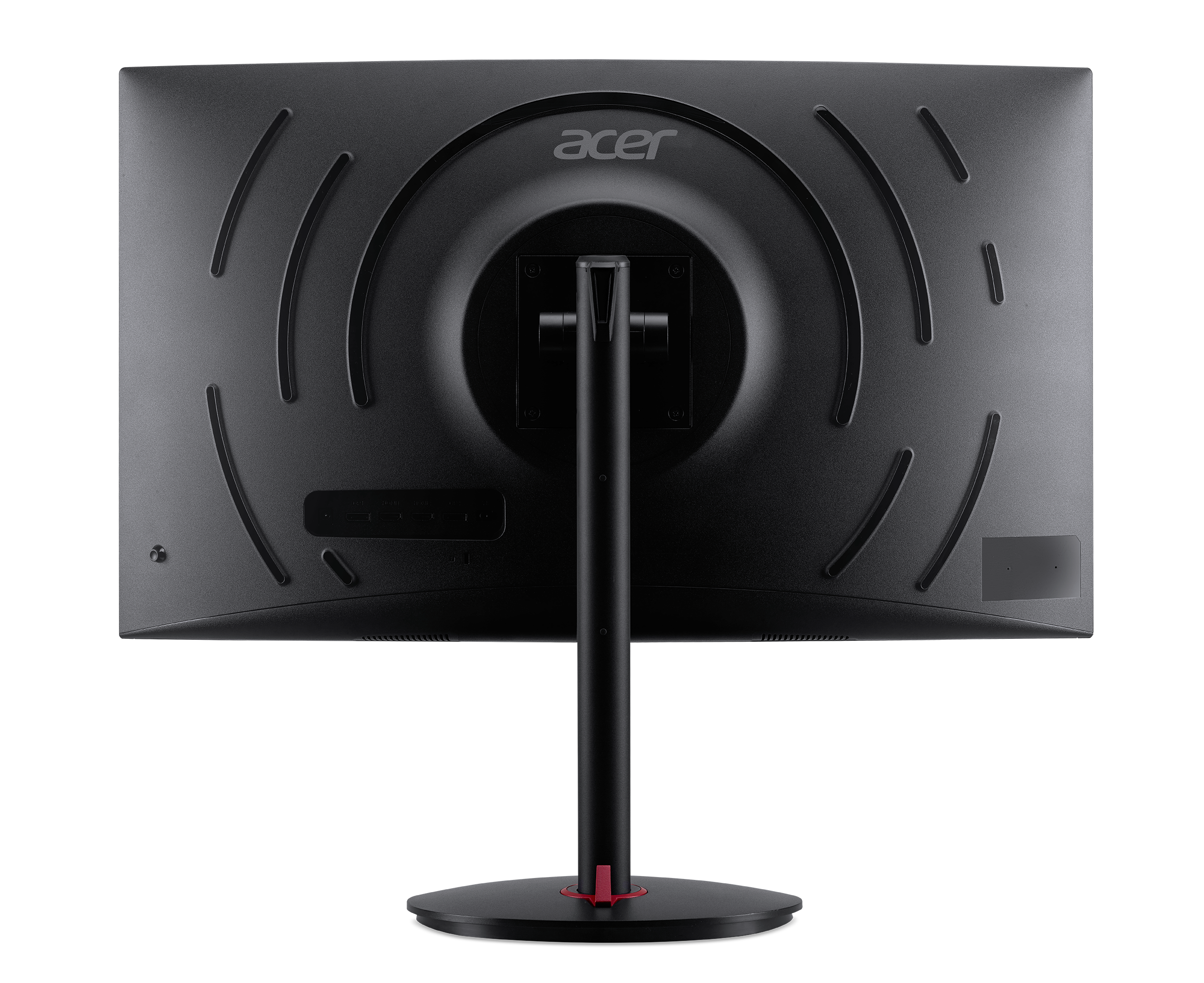 Vista trasera de un monitor Acer negro. Con soporte y elementos de diseño circulares.