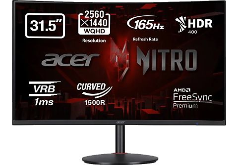 Monitor gaming - Acer Nitro XZ322QUS, 31.5" LED WQHD Curvo, 8 ms, 165 Hz, 2 x HDMI(2.0) + 2 x DP(1.2) + 2 x Altavoces 3W, FreeSync Premium, Negro