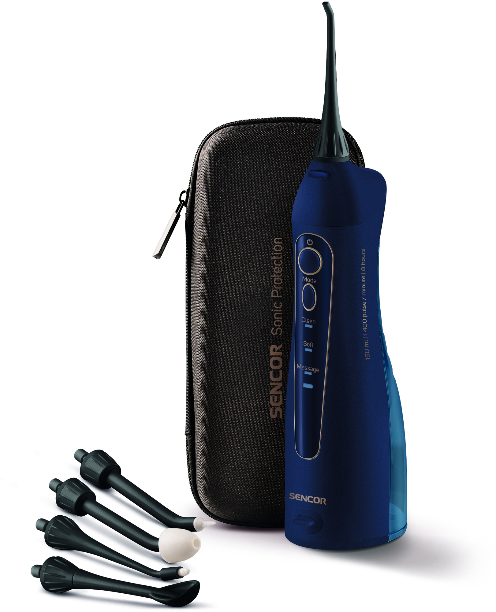 Kék Sencor Sonic Protection szájzuhany tartozékokkal.