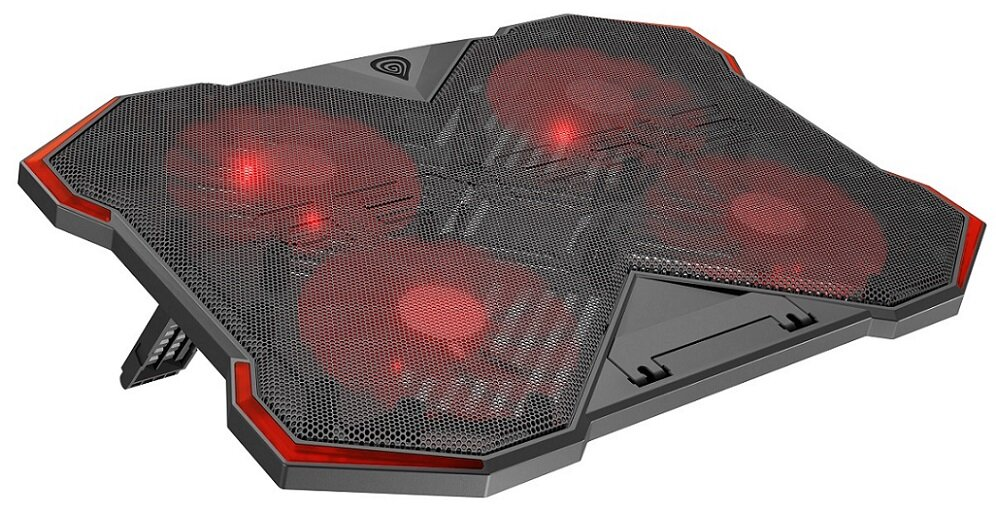 Czarna podkładka chłodząca do laptopa z czterema czerwono podświetlanymi wentylatorami i siatkowym wierzchem.