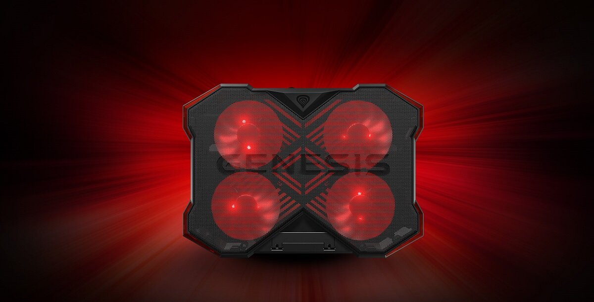 Czarna i czerwona podkładka chłodząca do laptopa. Cztery wentylatory z czerwonymi światłami. Logo Genesis.
