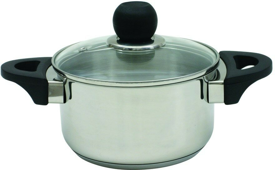 Błyszczący garnek ze stali nierdzewnej ze szklaną pokrywą i czarnym uchwytem.