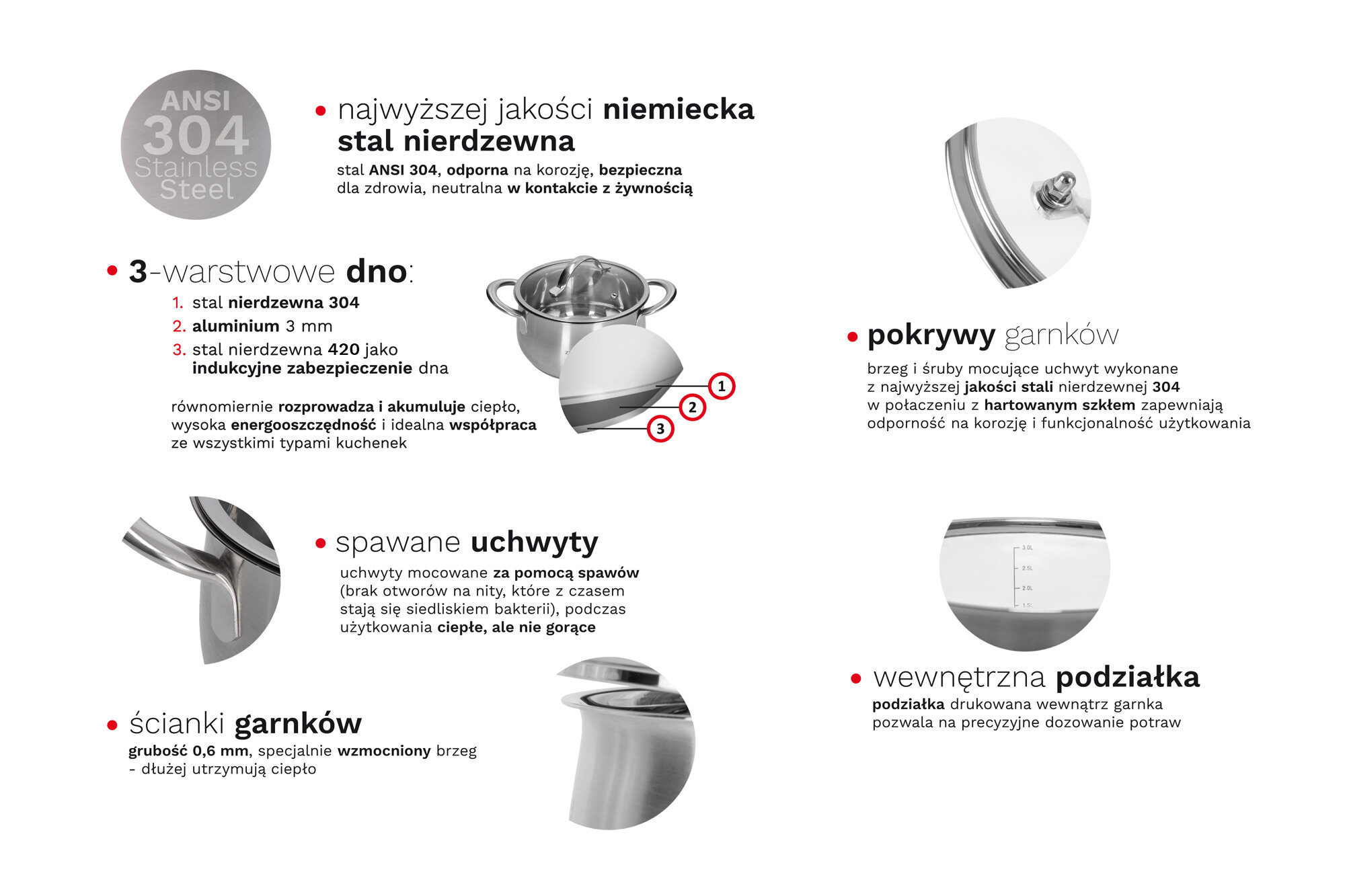 Szczegółowy schemat garnka ze stali nierdzewnej z etykietami.