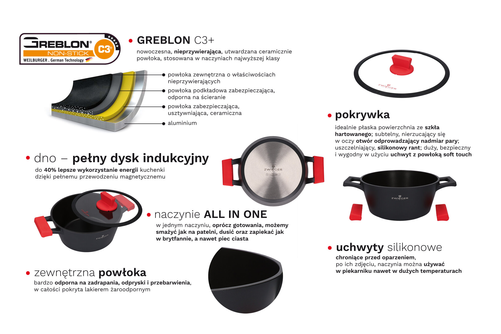 Obraz jest reklamą produktu. Przedstawia czarny garnek z czerwonym uchwytem i przezroczystą pokrywą. Etykiety tekstowe podkreślają cechy.
