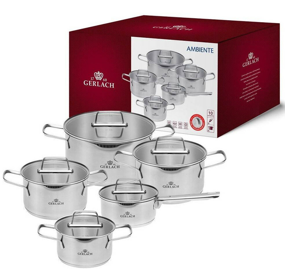 Zestaw garnków ze stali nierdzewnej z pokrywkami, w czerwono-białym pudełku.