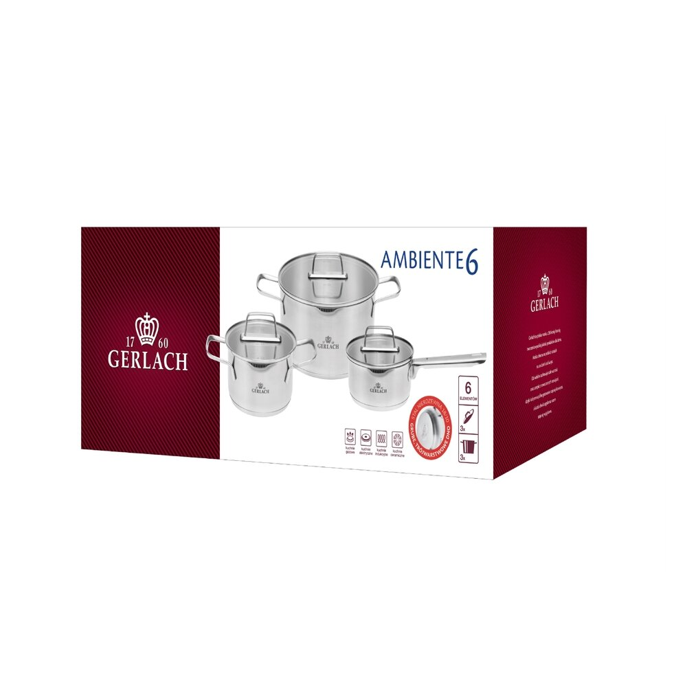Zestaw pudełkowy garnków ze stali nierdzewnej z pokrywkami. Marka 'Gerlach' widoczna. Białe tło, czerwone akcenty.