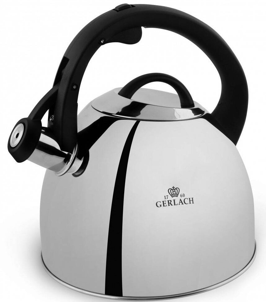 Czajnik Gerlach ze stali nierdzewnej z czarnym uchwytem i wylewką. Czajnik ma czarny pasek i logo marki.