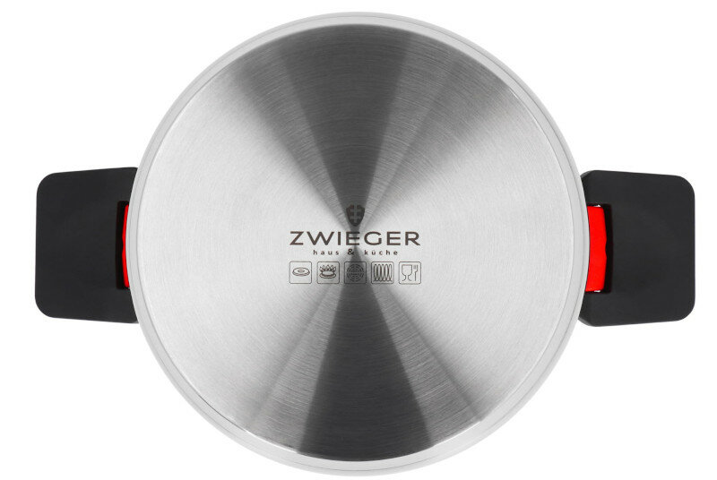 Podstawa garnka ZIEGER ze stali nierdzewnej z czarnymi uchwytami i czerwonymi akcentami. Ikony.