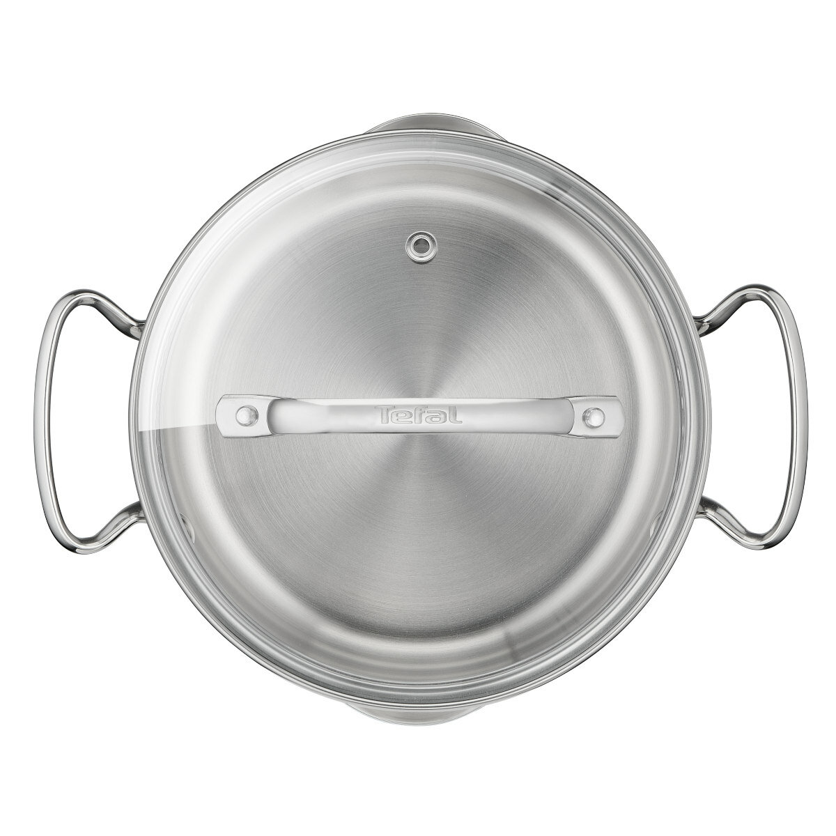 Garnek ze stali nierdzewnej ze szklaną pokrywką, widok z góry, z uchwytami i nazwą 'tefal'.