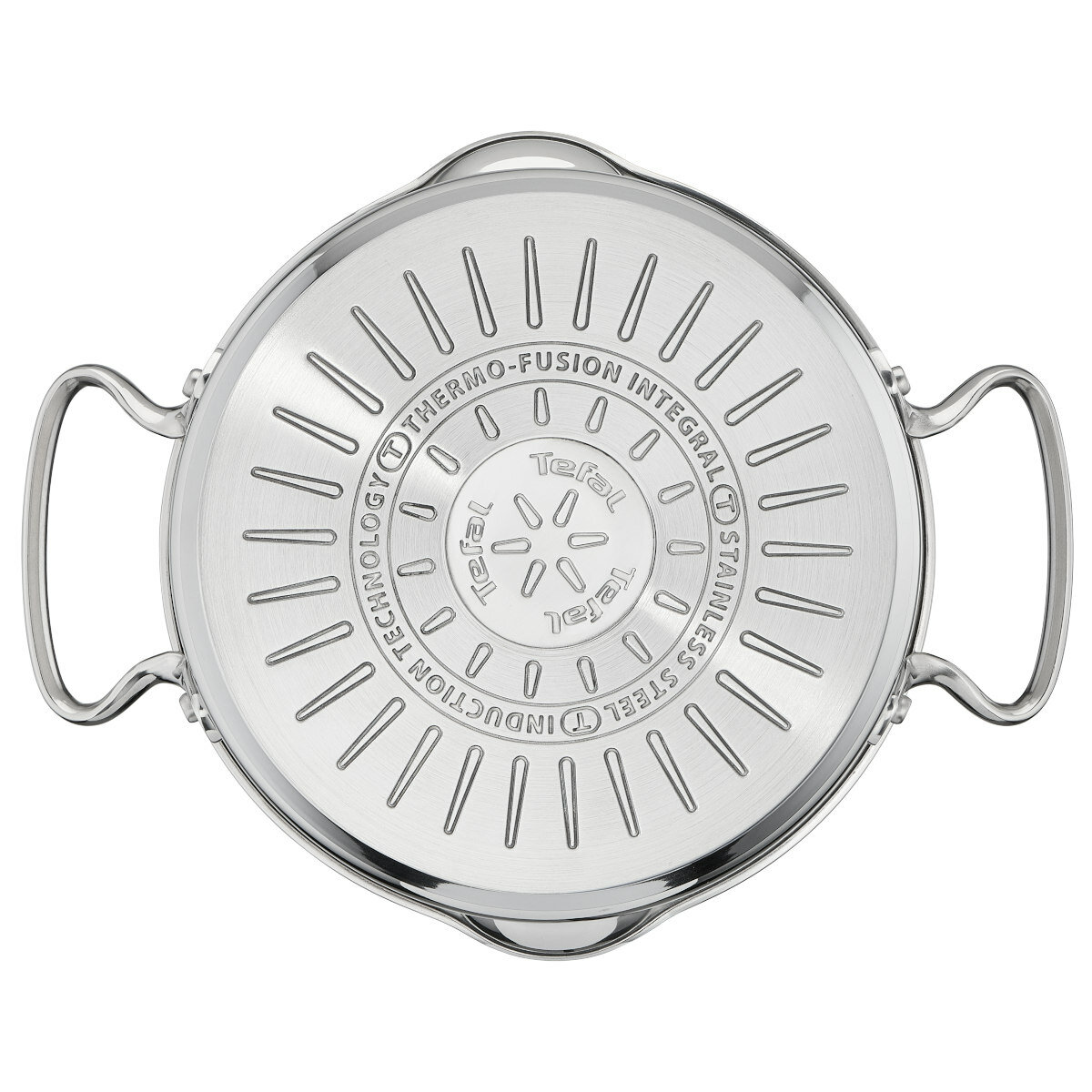 Patelnia ze stali nierdzewnej z okrągłą podstawą indukcyjną z logo Teffal.