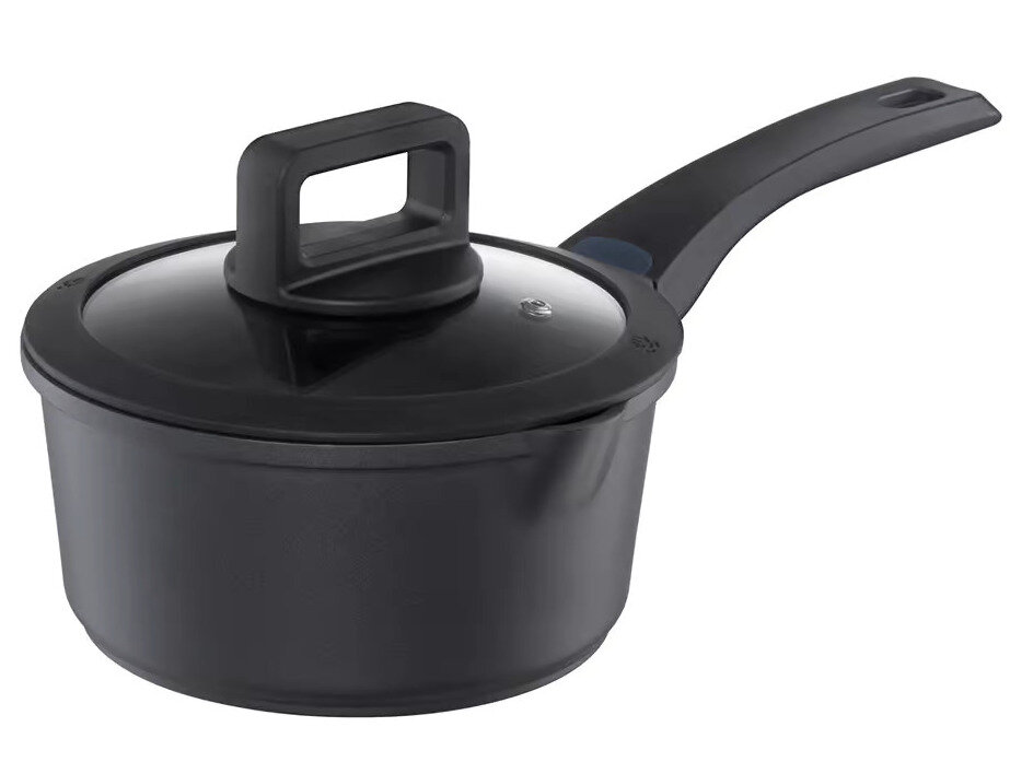 Czarny rondel z uchwytem i szklaną pokrywką.