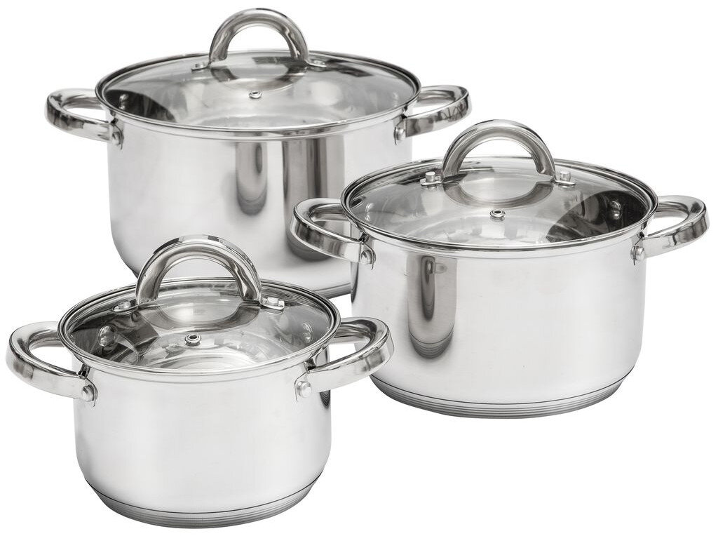 Trzy garnki ze stali nierdzewnej ze szklanymi pokrywkami. Są na białym tle.