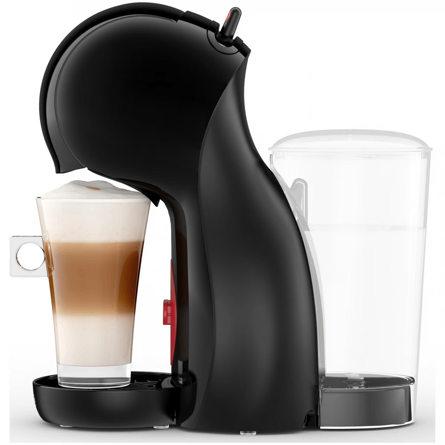 Cafetera negra con un vaso de latte. Un depósito de agua está al lado.