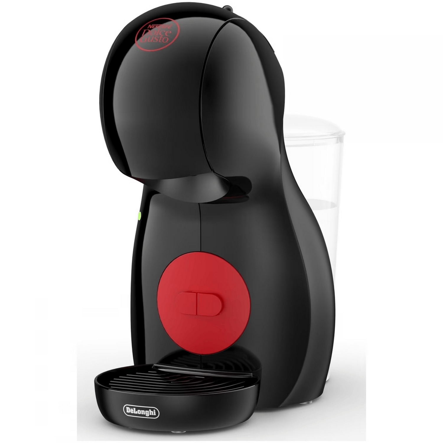 Una cafetera Nescafé Dolce Gusto negra con un botón rojo y un recipiente de agua transparente.