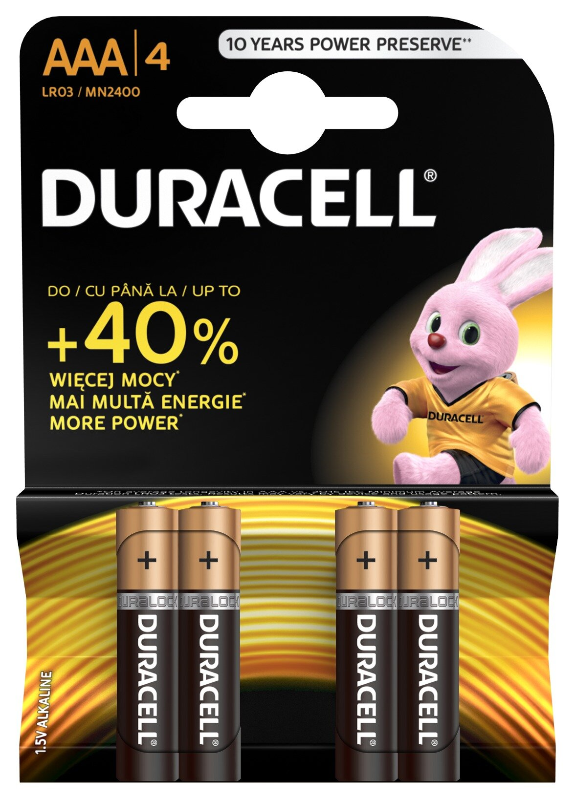 Opakowanie baterii Duracell z czterema bateriami AAA. Różowy królik w rogu.