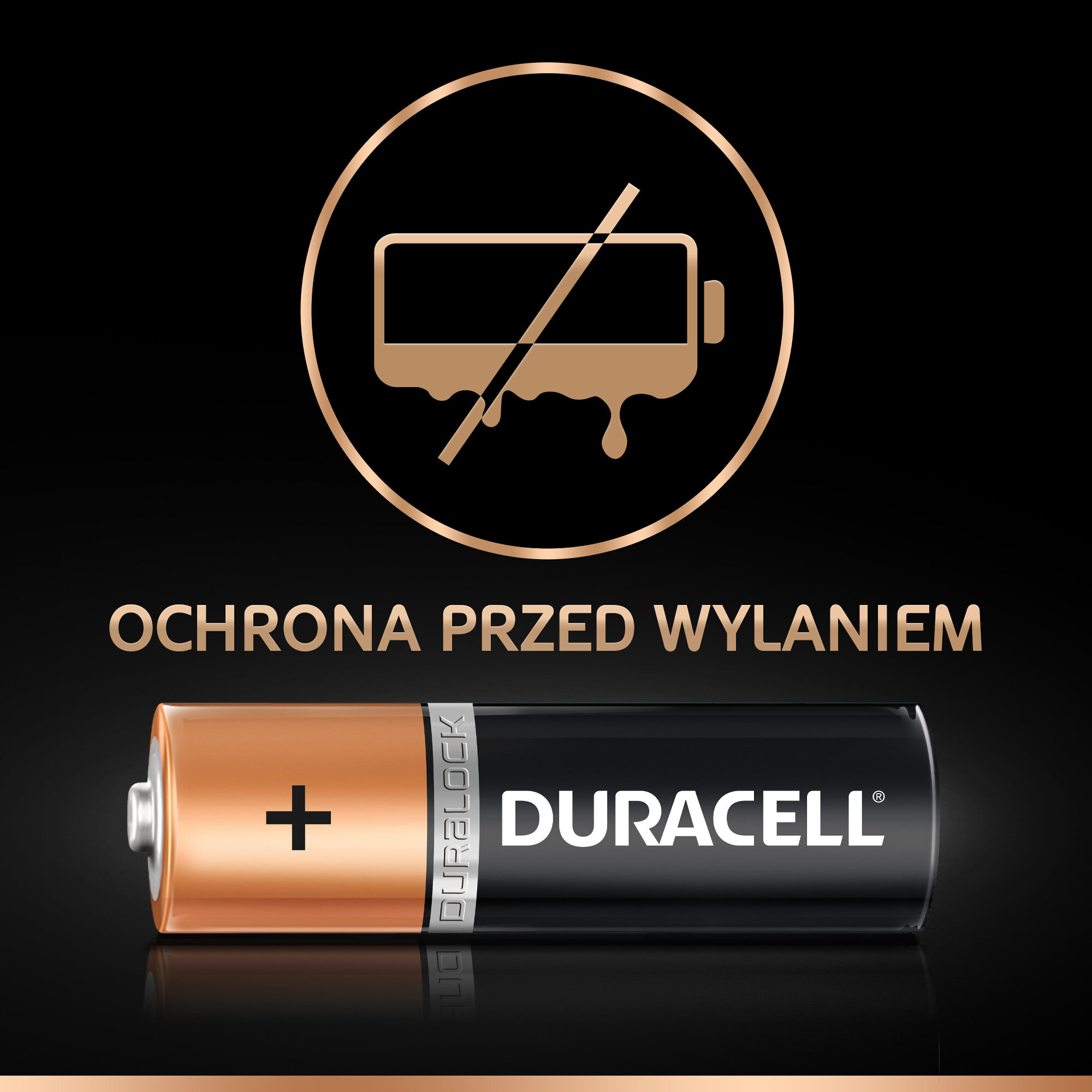 Bateria Duracell z symbolem ochrony przed wyciekiem. Czarny tło.