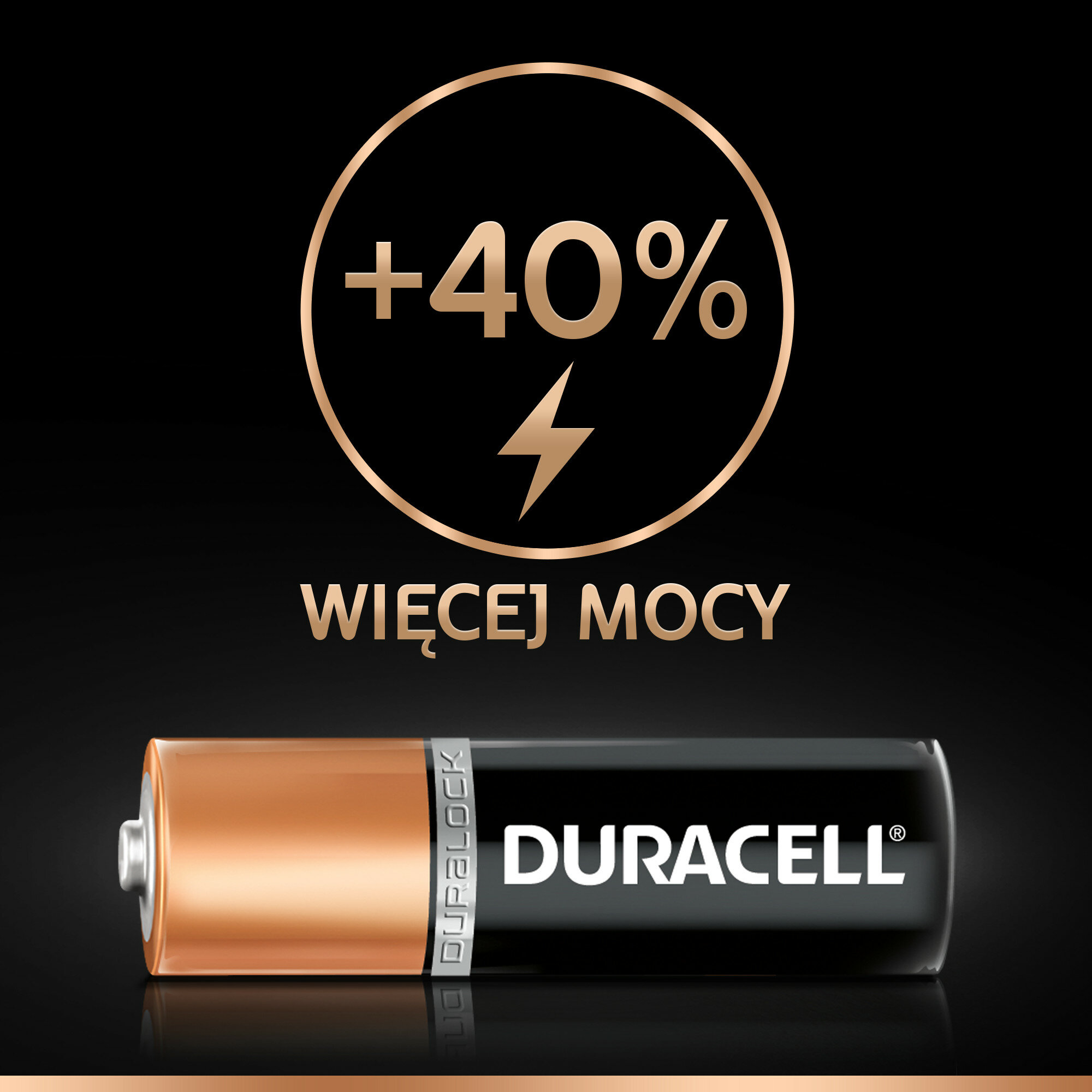 Bateria Duracell z +40% mocy i symbolem błyskawicy. Czarna i miedziana.