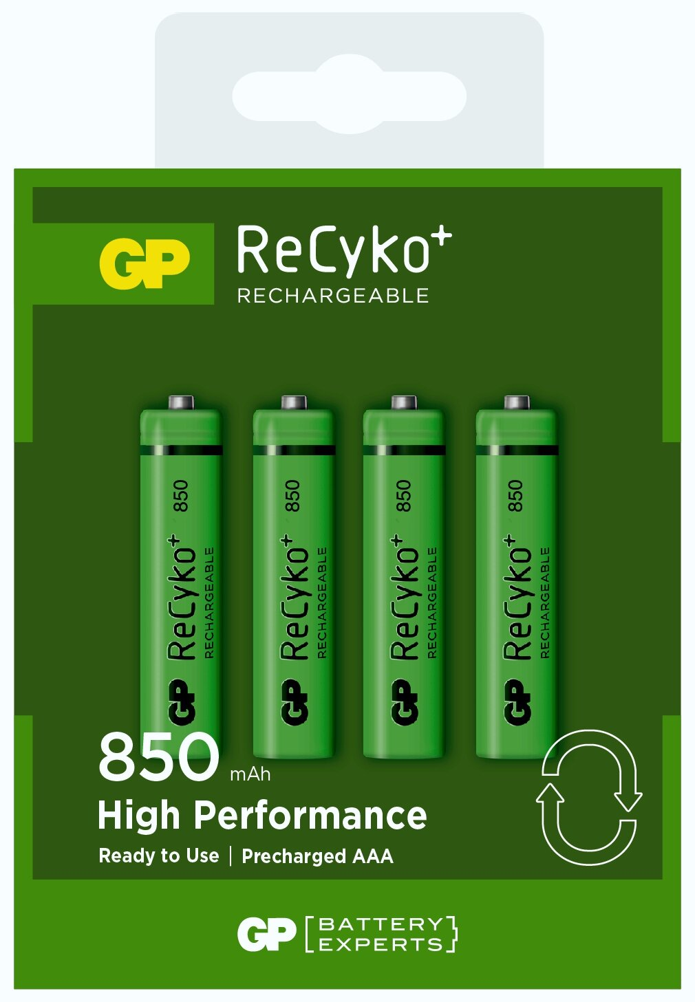 Opakowanie czterech akumulatorów AAA GP ReCyko+, zielono-białe opakowanie.