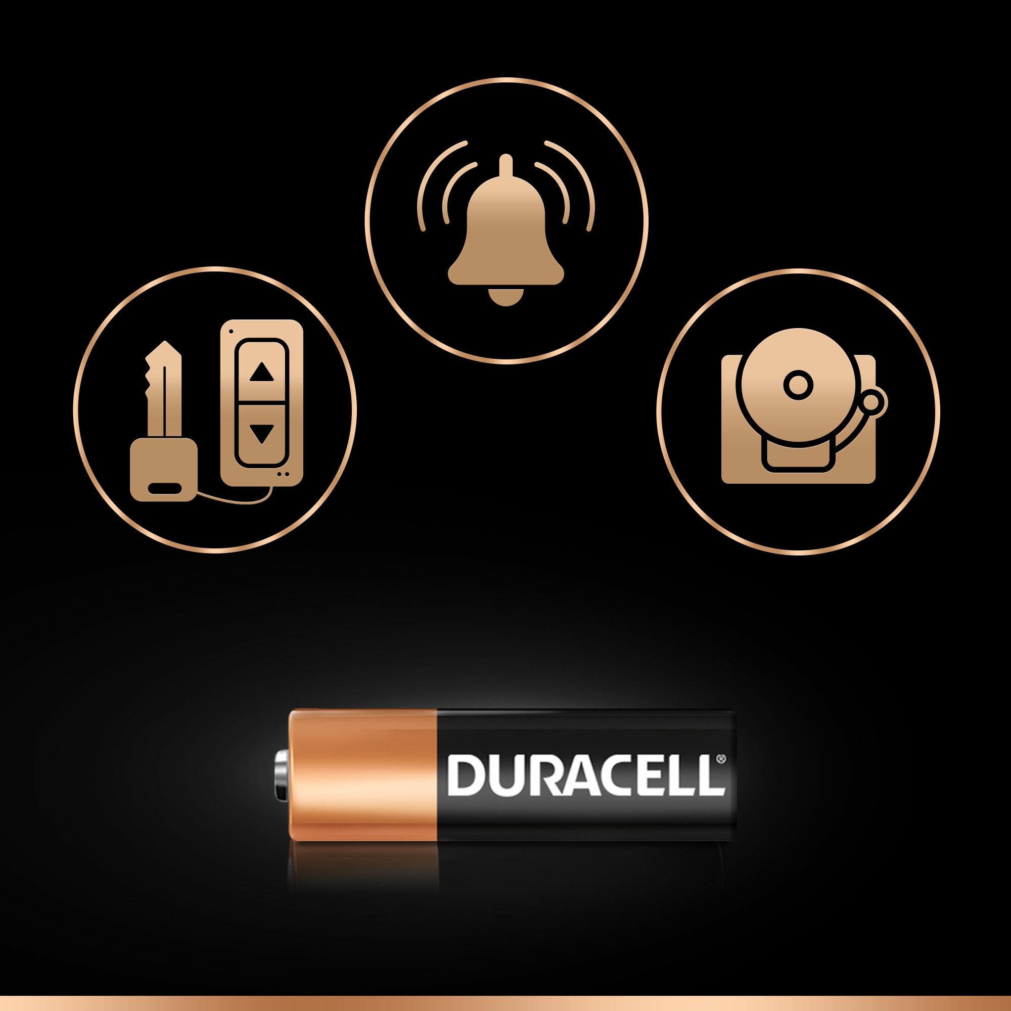 Bateria Duracell z trzema ikonami: klucz, dzwonek, budzik.