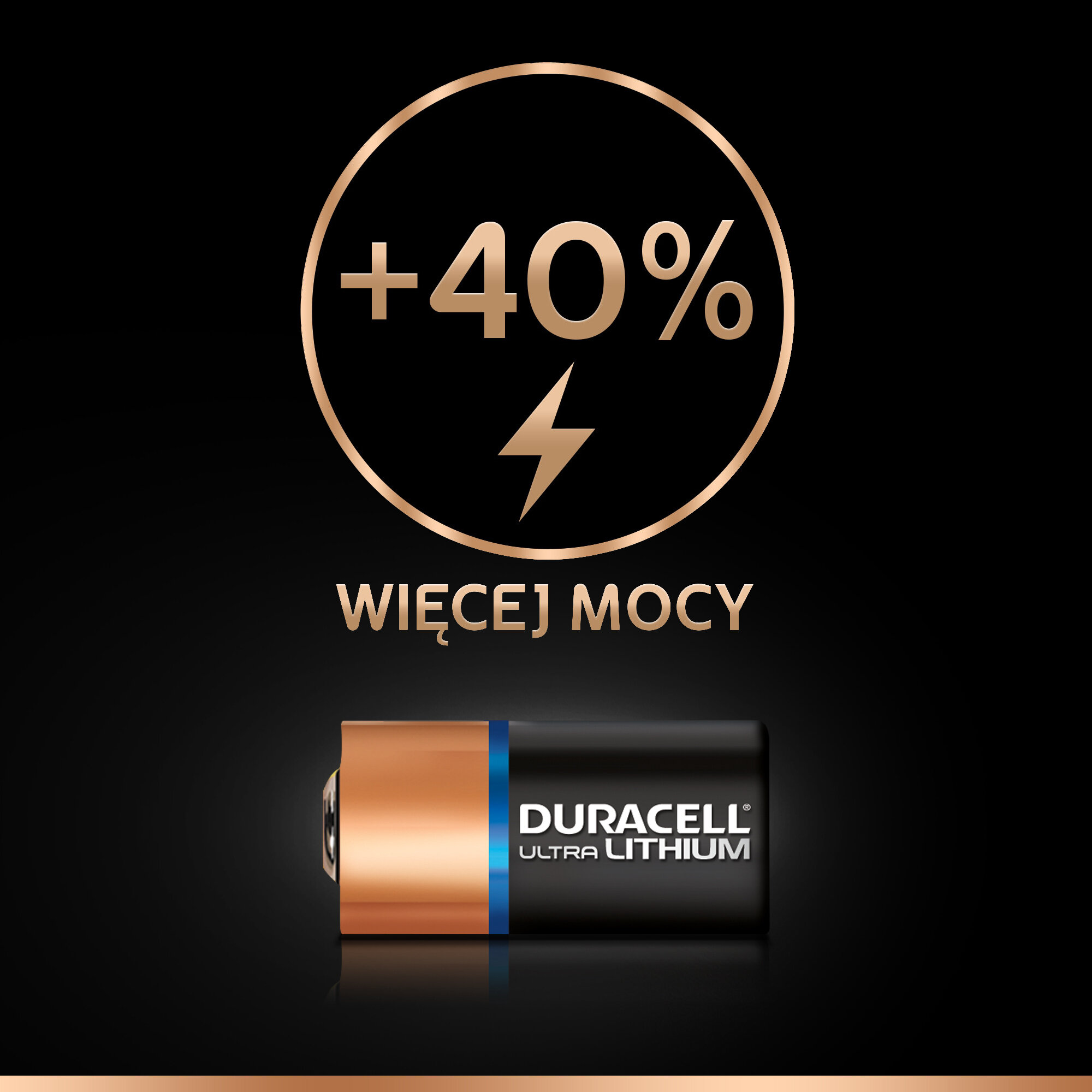 Bateria Duracell z grafiką +40% mocy na czarnym tle.