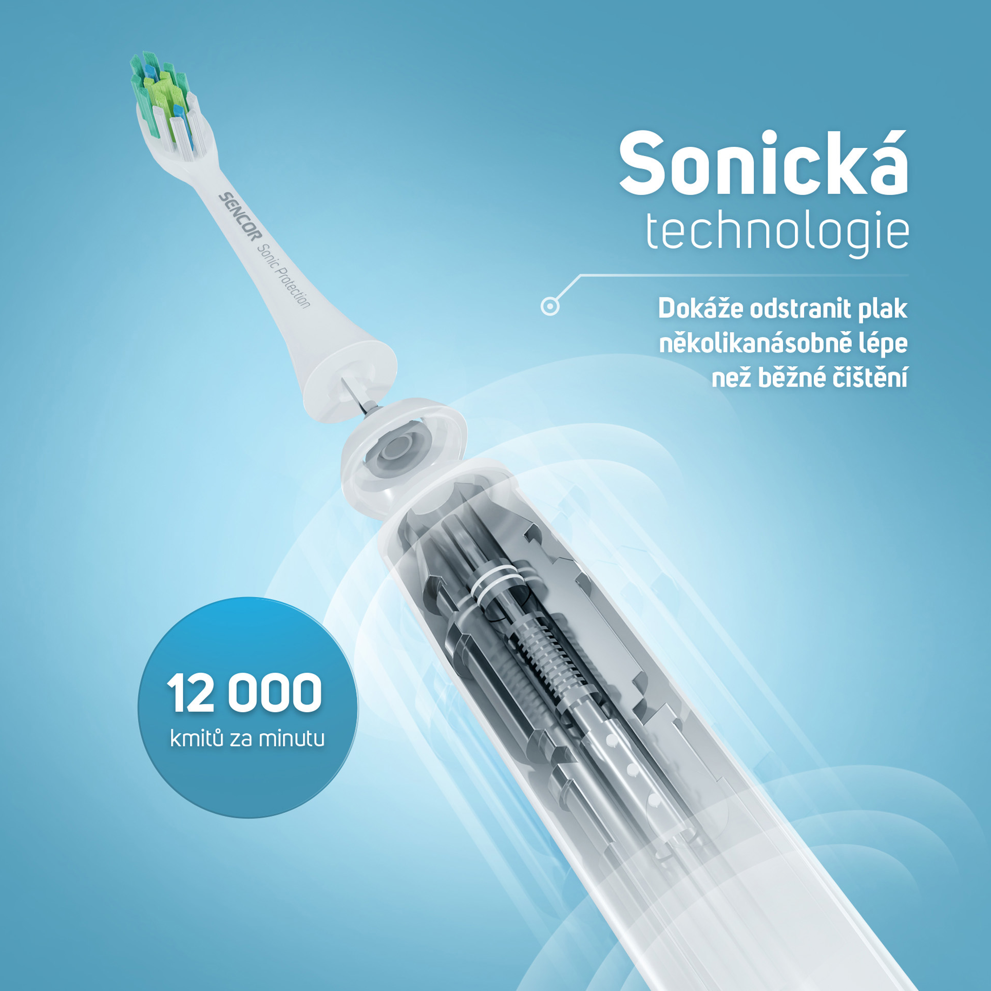 Elektromos fogkefe kefefejjel és átlátszó résszel. A szöveg 12 000 vibrációt jelez percenként.
