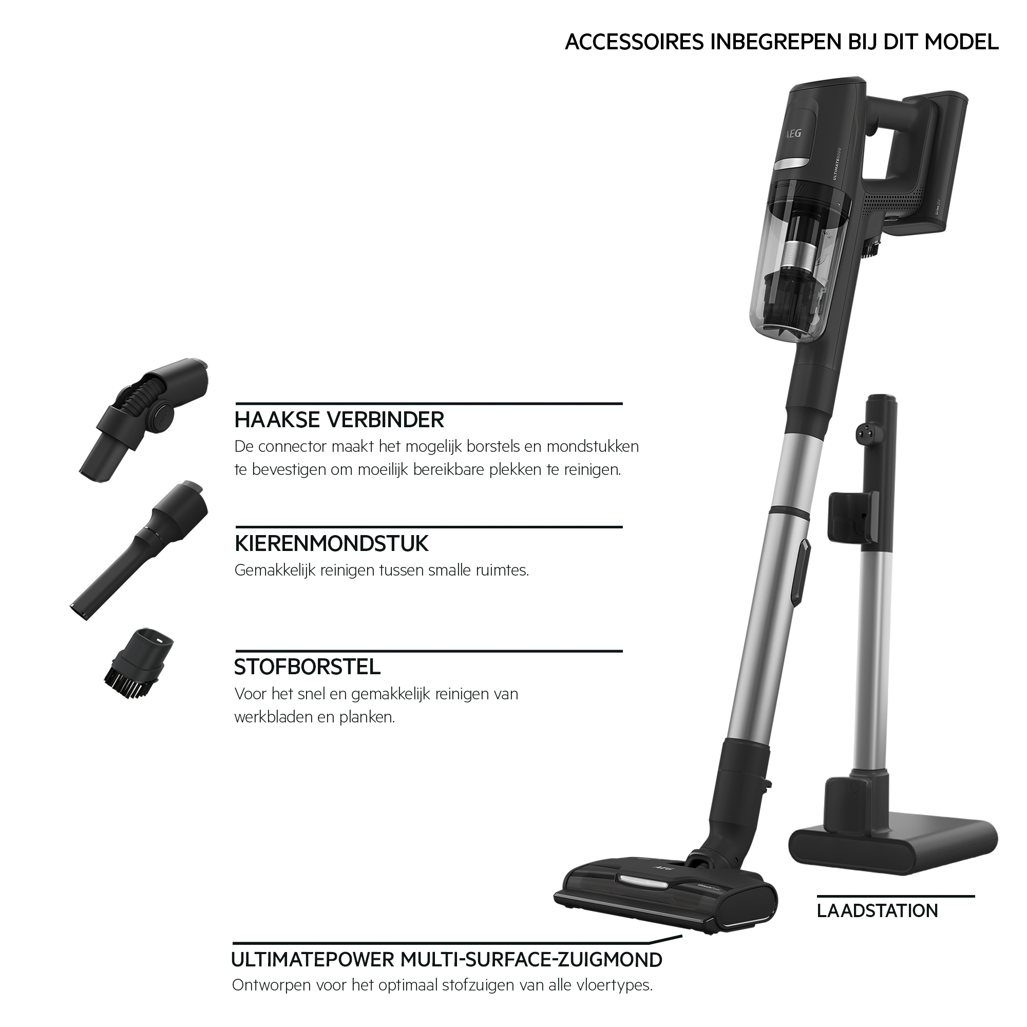 A cordless vacuum cleaner with attachments, base, and stand.