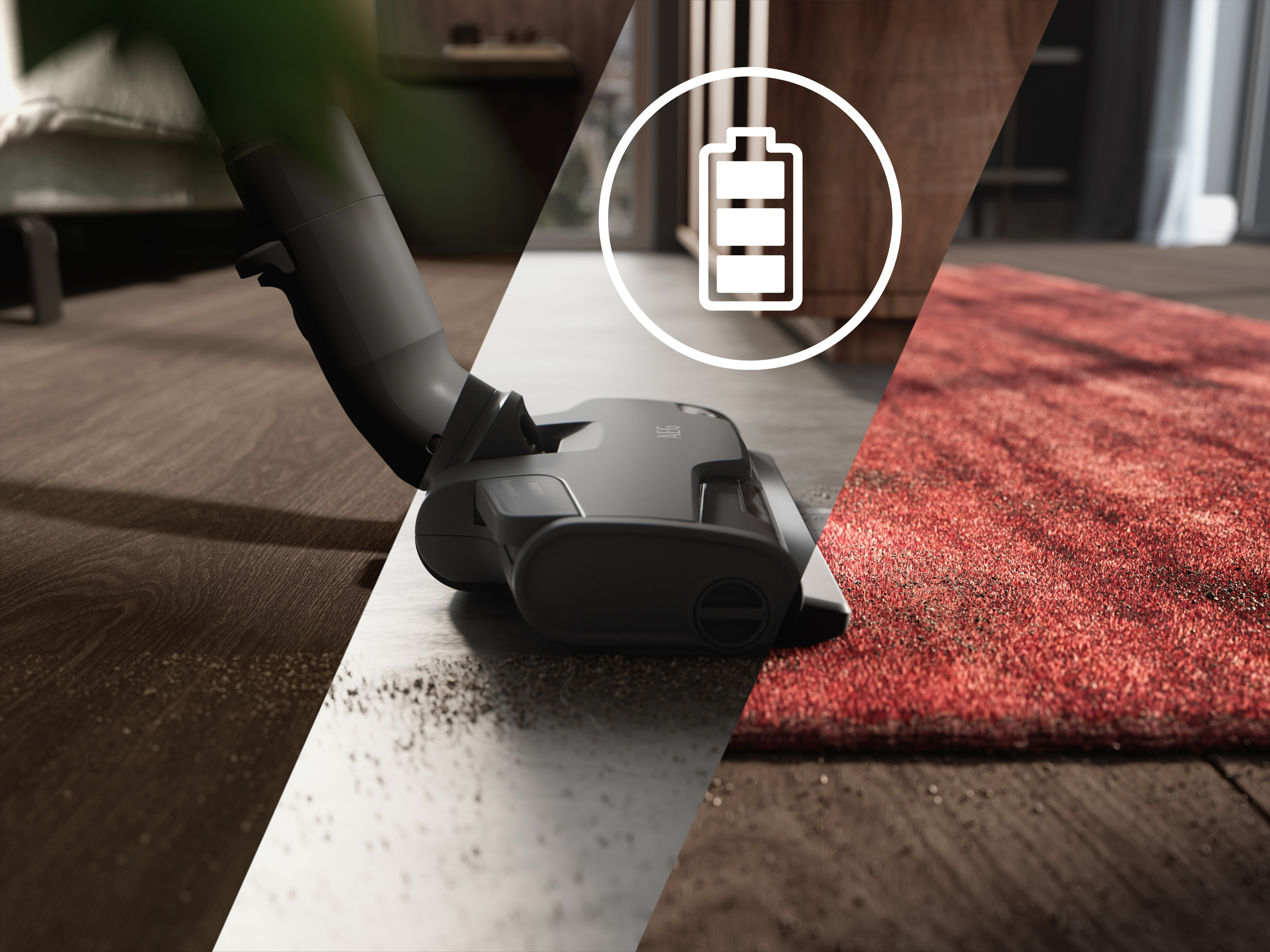 Vacuum cleaner on wooden floor with red rug in background.
