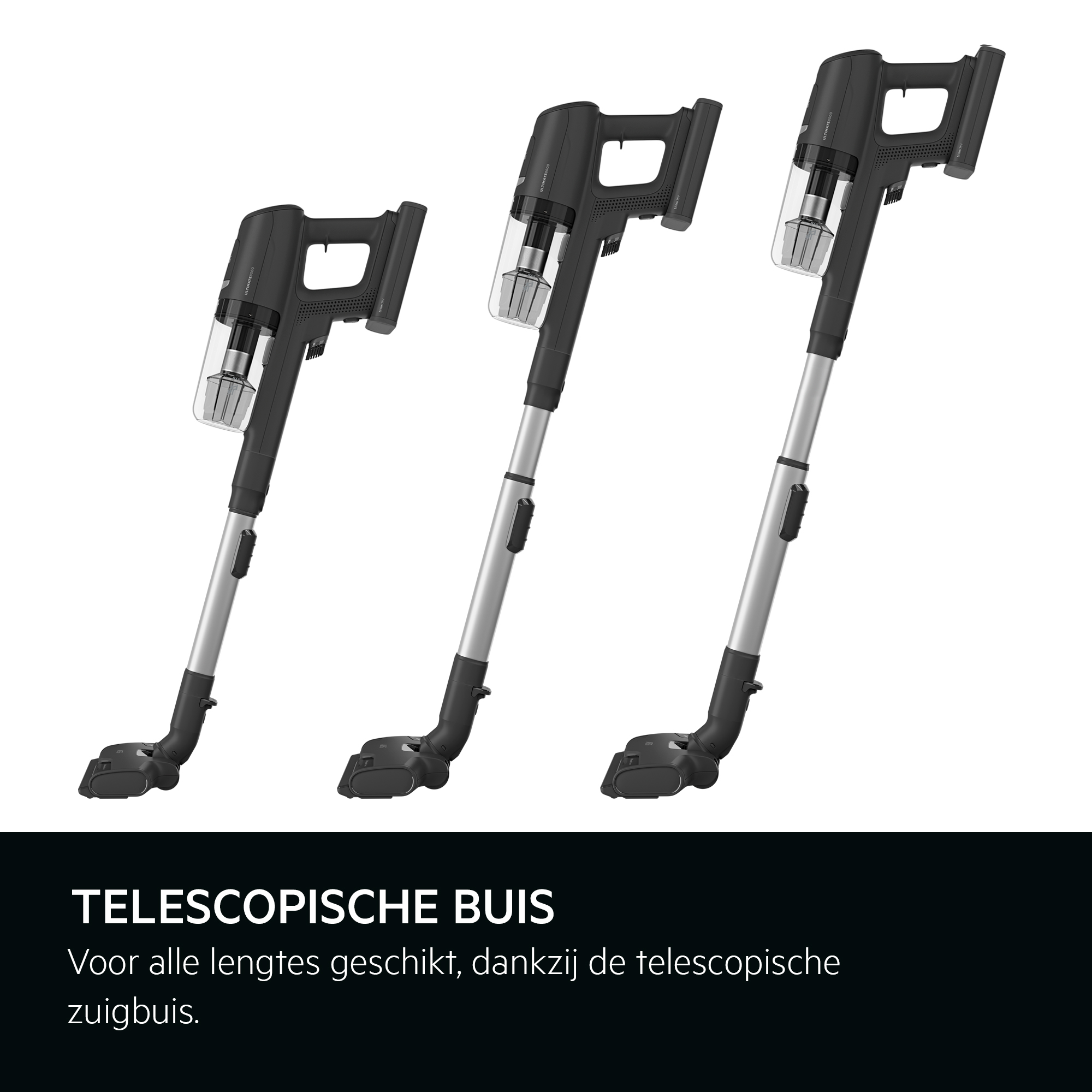 Three black cordless vacuum cleaners on white background, text below.